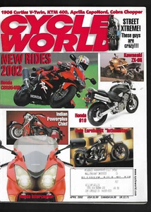 Cycle World Magazine April 2002-Honda Interceptor, Kawasaki ZX-9R, Indian Chief - Imagen 1 de 2
