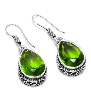 Green Peridot Gemstone Handmade 925 Sterling Silver Jewelry Earring Size 1.4" - Picture 1 of 1