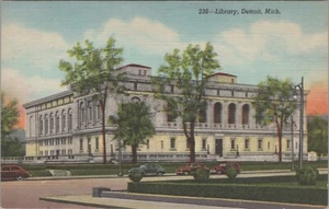 c1940s Library Detroit Michigan exterior autos linen postcard E315 - Picture 1 of 2