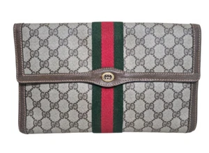 GUCCI VINTAGE LARGE WEB GG COATED CANVAS LEATHER FLAPPED CLUTCH BAG - AUTHENTIC - Picture 1 of 9