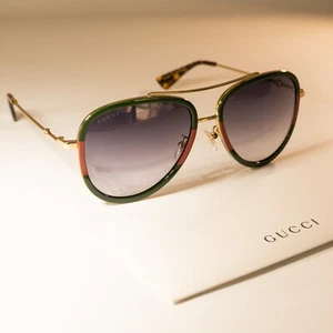 Gucci GG0062S 003 57mm Aviator Green/Red Unisex Sunglasses with Light Grey Lens - Picture 1 of 7