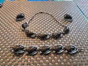 Vintage Armband Halskette Ohrringe Coro braun Lucite Cab Perlen Blätter goldfarben Set - Bild 1 von 13