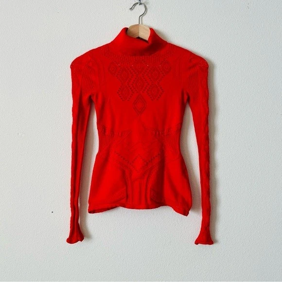 Roberto Cavalli SIZE 34 red seamless laser cut turtleneck long sleeve knit top - Image 1 of 4