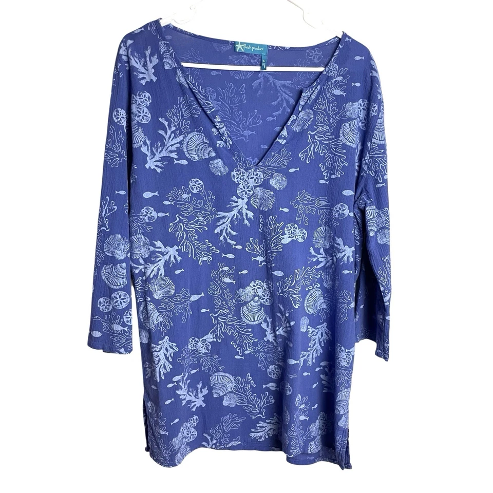 Camisa túnica Fresh Produce para mujer L azul coral conchas marinas dólares de arena hecha en EE. UU. Foto 1 de 4