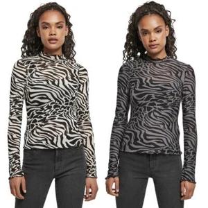 Urban Classics Ladies AOP Mesh Turtleneck Longsleeve Pullover Shirt Zebra Print - Picture 1 of 9