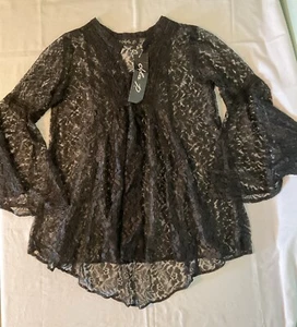 Lola P Black Sheer Lace Tunic Top Bell Sleeve Boho Witchy Womens Size L NWT - Picture 1 of 10
