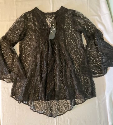 女式黑色蕾丝上衣束腰外衣透明喇叭袖波西米亚女巫 Lola P L 码全新带标签 — 第 1/4 张图片