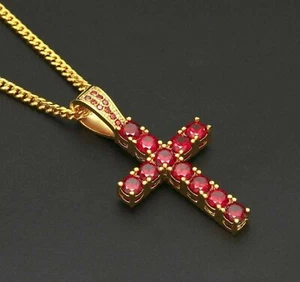 3Ct Round Cut Red Ruby Cross Pendant 14K Yellow Gold Finish With Free Chain - Picture 1 of 3