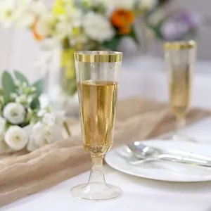 12 Clear 6 oz Flutes Glittered Plastic Champagne GLASSES Gold Trim Party Events - Picture 1 of 9