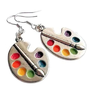 NEW Colorful Painter Artist Pallet Dangle Earrings Silver French Hooks Pierced - Picture 1 of 5