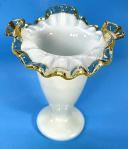 Vintage Fenton Milk Glass Vase Gold Crested Crimped Edge Art Glass 6.5" USA - Picture 1 of 10