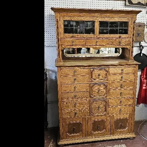 Oak Hutch Cabinet Cupboard with Original Leaded Glass Door and 21 Drawers Cover