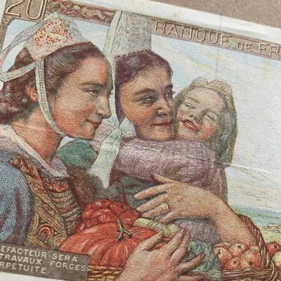 Scarce Currency 1942 France 20 Francs Banknote Breton Fisherman & Women Currency - Image 1 of 4