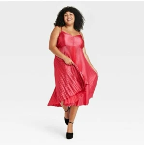 Women's Pleated Satin Midi A-Line Dress - Ava & Viv Pink 1X - Picture 1 of 7