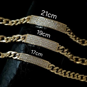 Cuban Bracelet ID Bar Curb Link 18k Gold Layered Simulated Diamond 17/19/21cm - Picture 1 of 5