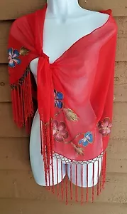 CHAL DE CUENTAS ROJAS TRANSPARENTES PINTADAS A MANO BORLAS BUFANDA INDIA POLIÉSTER - Imagen 1 de 6