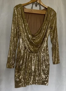 Aqua Dresses Drop Back Gold Pailletten & Polyester Gr. 4 Gefüttert Kleid Neu Mit Etikett - Bild 1 von 6