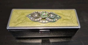 VTG Metal Lipstick Case Bejeweled Floral Light Green - Picture 1 of 3