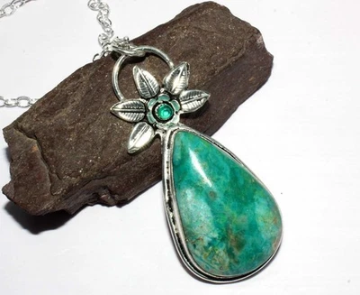 Collar de hoja enchapada en plata 925 topacio verde crisocola decente 18" GW Foto 1 de 3