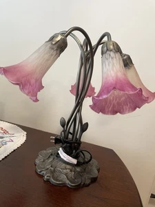Gorgeous Tiffany Style Lily Pad Pink Tulip Table Lamp 5 Lights Arms Shades 16" - Picture 1 of 6