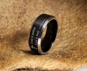 Black Unisex Tungsten Love is Patient, Love is Kind Christian Wedding Ring- 10mm - Picture 1 of 3