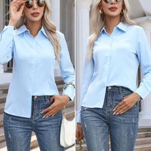 Women Button Down Shirt Blouse Long Sleeve Collared Solid Office Work Dress Tops - Picture 1 of 1