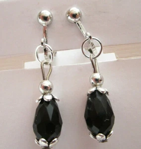 Ohrclips Glas Tropfen schwarz Clips silberf Ohrringe zum Anklipsen ca 4 cm lang - Bild 1 von 4