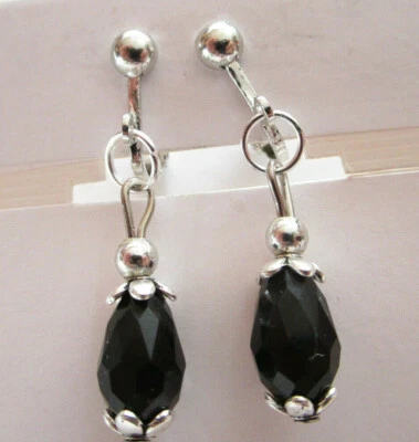Ohrclips Glas Tropfen schwarz Clips silberf Ohrringe zum Anklipsen ca 4 cm lang - Bild 1 von 4