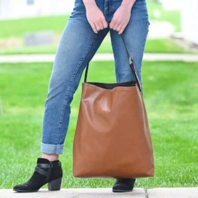 LARGE SIZE FAUX LEATHER HOBO TOTE BAG, SHOULDER BAG COGNAC BROWN - Image 1 of 3