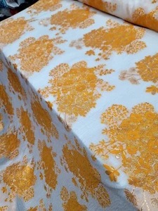 Fabric Sold By Yard White Organza Silk Orange Brocade Floral Fabric For Dress - Picture 1 of 9