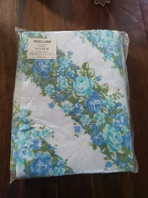 New Vintage Cannon Windsor Nap Blanket 72 X 84 Blue Roses Polyester Washable USA - Image 1 of 4
