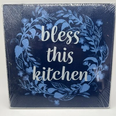 BLESS THIS KITCHEN Square Glass Cutting Board Trivet, approx 8" x 8" NEW! - Image 1 of 2