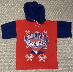90’s Vintage Atlanta Braves Short Sleeve Hoodie “Large” Fits Like A Medium Rare - Picture 1 of 10