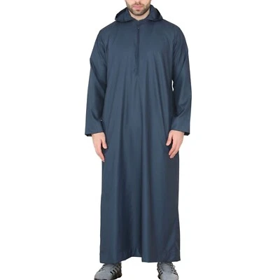 Hombre Azul Capucha Thobe Jubba Saudi Islámico Árabe Musulmán Eid Caftán Bata - Imagen 1 de 4