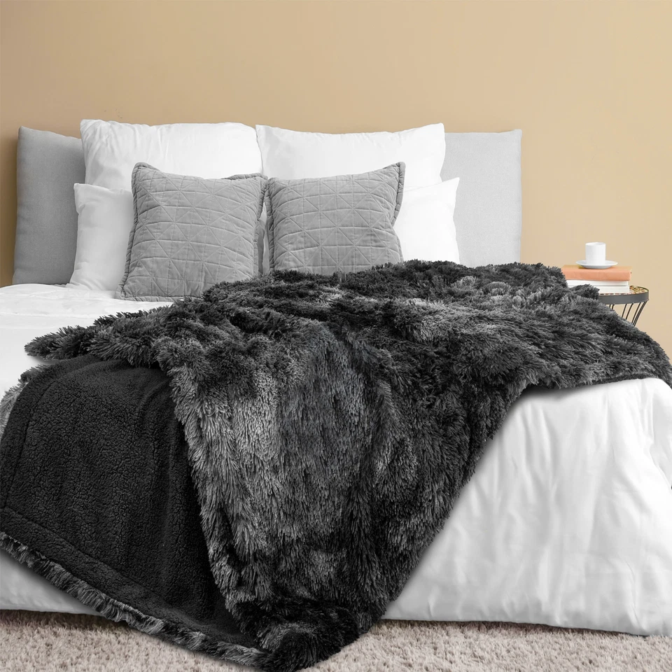 PAVILIA Soft Fluffy Faux Fur Throw Blanket Twin Tie-Dye Black Shaggy Furry