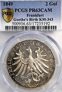 German States Frankfurt 1849 2 Gulden Coin Thaler PCGS PR 63CAM PROOF Goethe PP - Picture 1 of 3