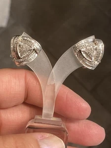 Sterling Silver Bold Round & Baguette White Diamond Post - Omega Back Earrings - Picture 1 of 11