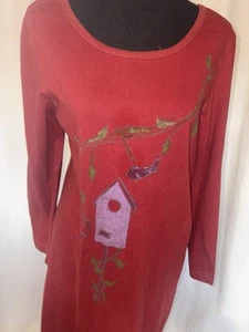 Vintage Red Long Sleeve Cotton Dress Art Print Cottage Core Large 2000 - Picture 1 of 9