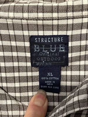 Structure Blue Button Down Shirt Mens Size XL Beige Plaid Cotton Long Sleeve - Image 1 of 4