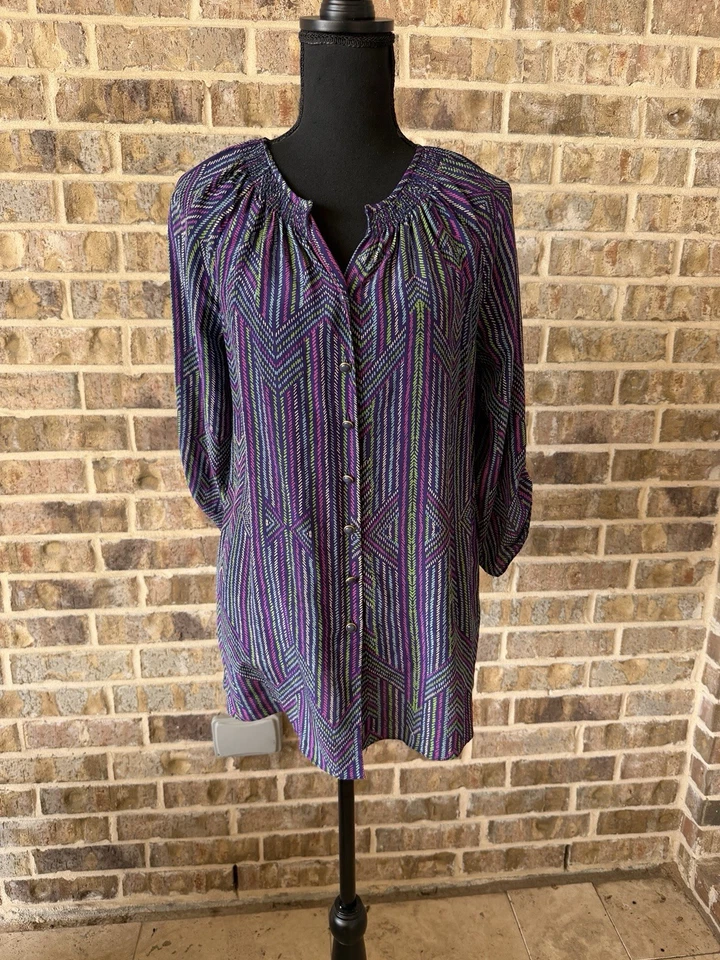 Blusa para mujer Shoshanna azul verdoso rosa estampada manga larga 100 % seda talla 6 Foto 1 de 4