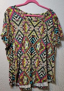 Relativity Womens 2X Hot Pink Teal Yellow Geometric Short Sleeve - Picture 1 of 5