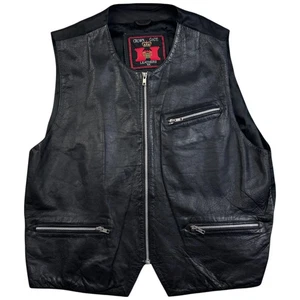 Leather Waistcoat Vintage 1990s Crown Gate Medium Men's Black Leather Zip Up - Picture 1 of 10
