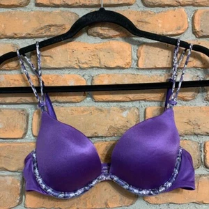 Daisy Fuentes Purple Push Up Bra Womens 34B Floral Trim Adjustable Straps Plunge - Picture 1 of 4