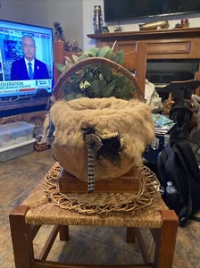 Vintage Native American Like Basket Made W/ Conchos/Husk /Rabbit Fur & Feathers - Picture 1 of 20