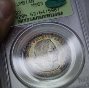 1892 Columbian Comm. Half Dollar 50C PCGS MS63 Green CAC OGH Rainbow Toned #5981 - Picture 1 of 6