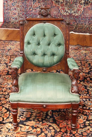 Late 19th Century Victorian Walnut Figural John Jelliff Tufted Arm Parlor Chair Cover