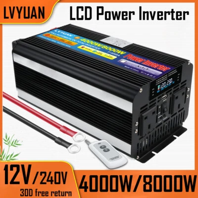 4000W/8000W 12V to 240V Power Inverter USB LCD Remote Converter 2 Sockets Travel - Image 1 of 4