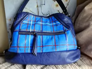 UNIQUE RAF BLUE LEATHER LARGE SHOULDER BAG HAND PAINTED WRAF TARTAN B MAKOWSKY - Picture 1 of 8