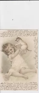 Litho Kunst & Kitsch Kleines Mädchen mit kleiner Katze Frankreich 1903 - Bild 1 von 2