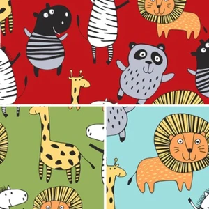 Polycotton Fabric Jungle Animals Safari Lion Giraffe Zebra Hippo Panda - Picture 1 of 3